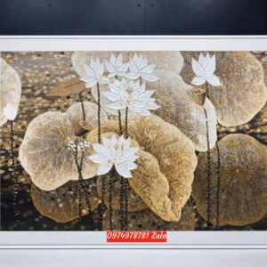 Tranh hoa sen sơn dầu vẽ bay nổi 3D