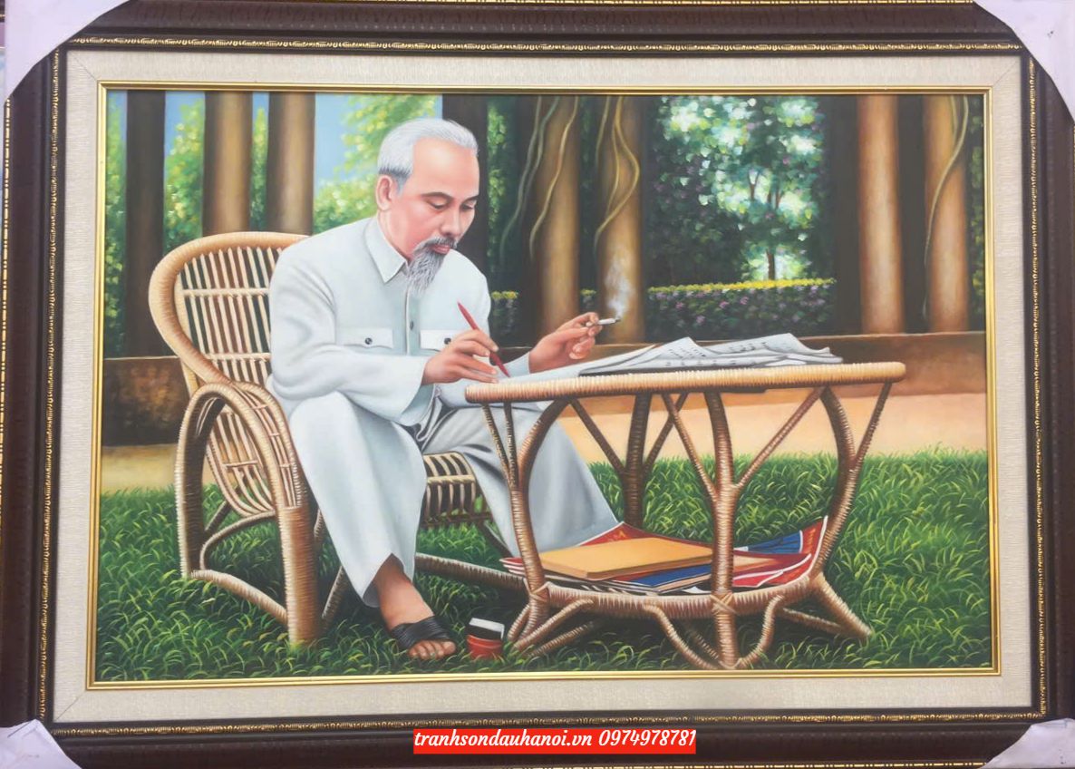 Tranh bác hồ nghồi ghế mây treo tường SN34