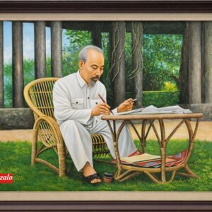 Tranh bác hồ nghồi ghế mây sơn dầu B23