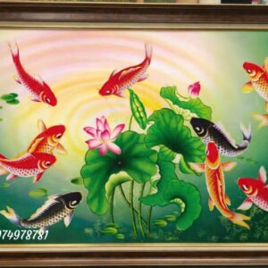 Tranh cá chép hoa sen vẽ tay phong thuỷ