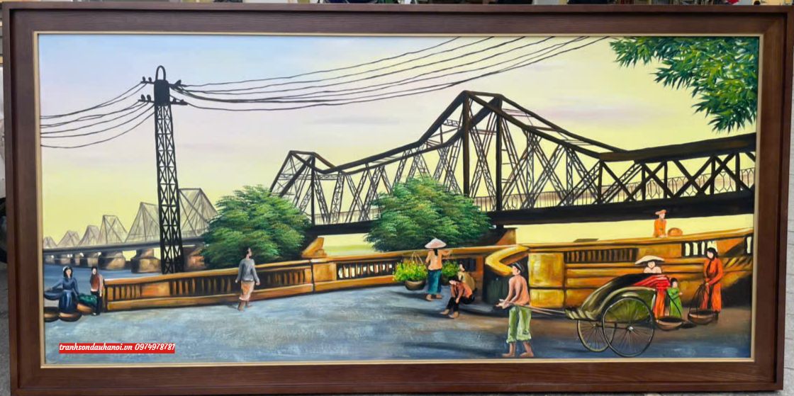 Tranh cầu long biên hà nội khung gỗ N103