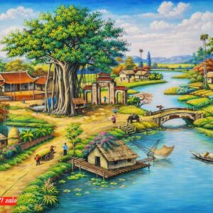 Tranh đồn quê cây đa sân đình