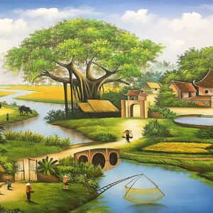 Tranh đồng quê việt nam, tranh sơn dầu đồng quê sân đình