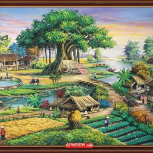 Tranh đồng quê sơn dầu cổng làng sân đình