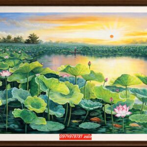 Tranh hoa sen phong cảnh ấm cúng
