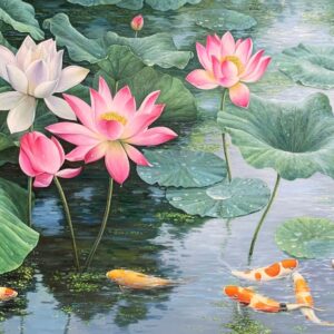 Tranh hoa sen , tranh hoa sen cá tài lộc SN10