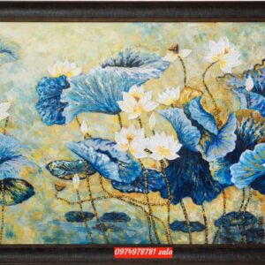 Tranh sơn dầu hoa sen vẽ tay vẽ nổi tông xanh