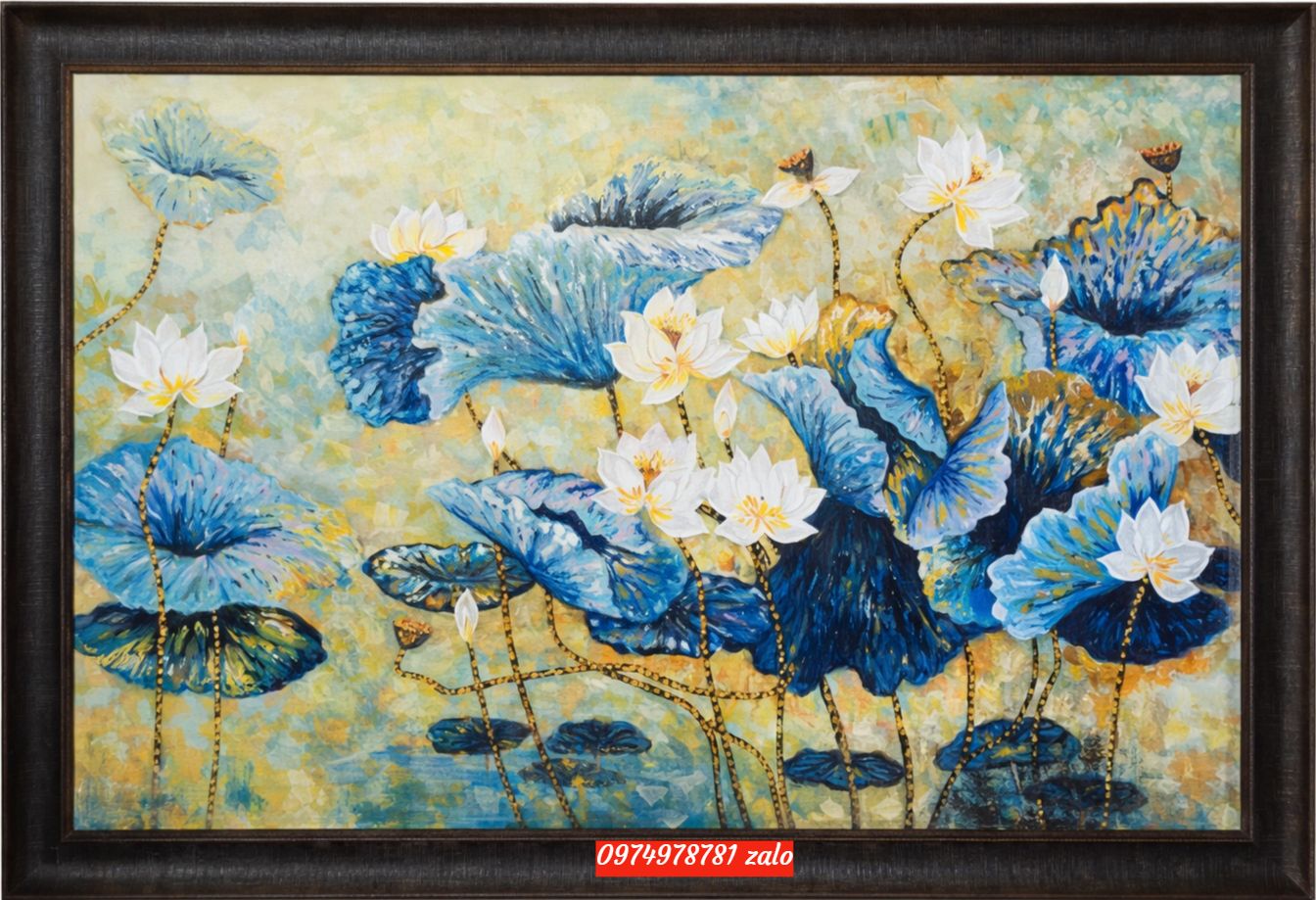 Tranh sơn dầu hoa sen vẽ tay vẽ nổi tông xanh