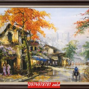 Tranh phố cổ hà nội mua thu nhẹ nhàng sang trọng