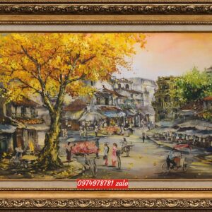 Tranh phố cổ hà nội sơn dầu nhộn nhịp hà nội