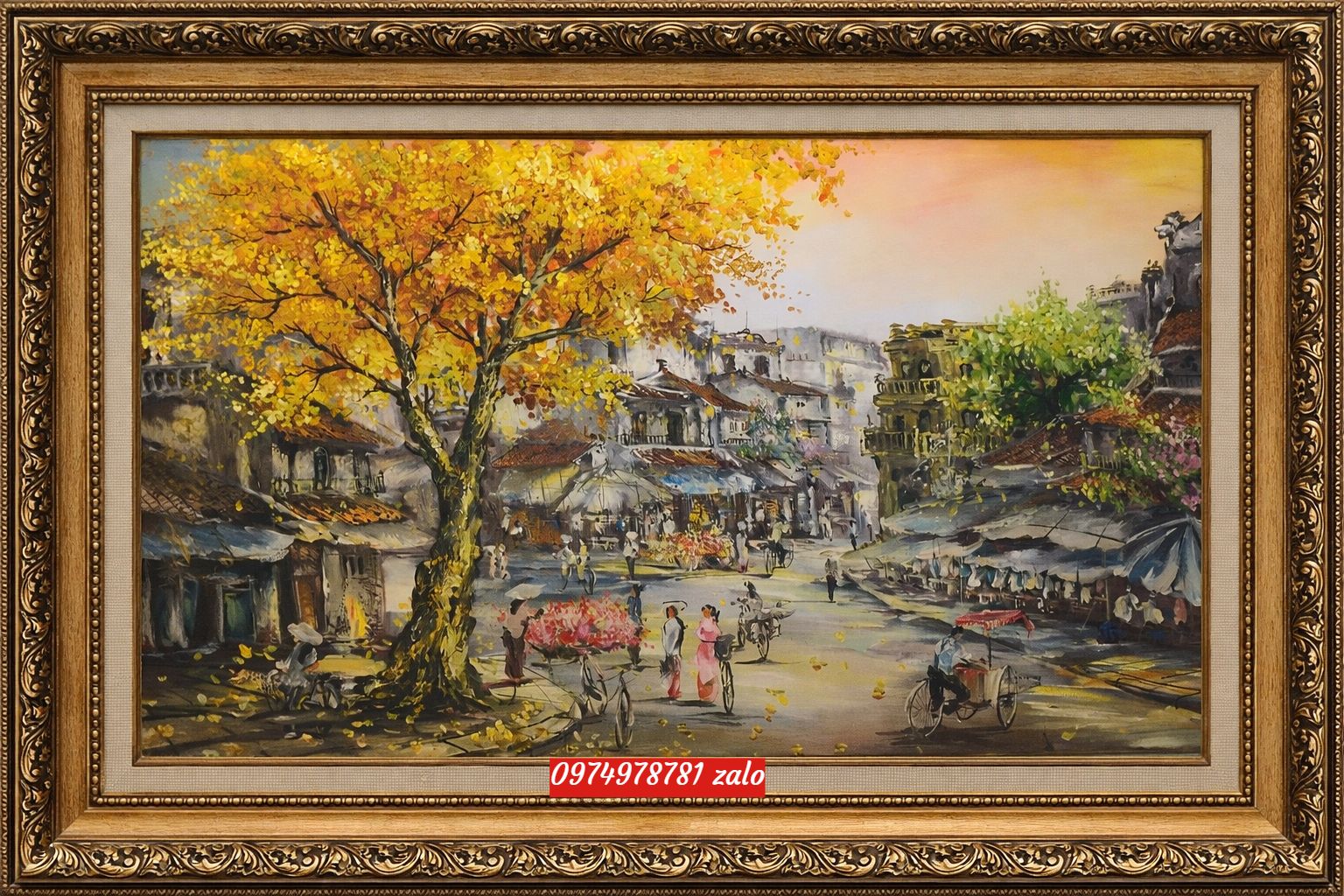 Tranh phố cổ hà nội sơn dầu nhộn nhịp hà nội