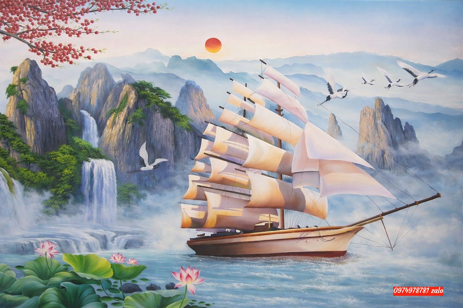 Tranh thuận buồm xuôi gió, tranh sơn dầu treo phòng làm việc