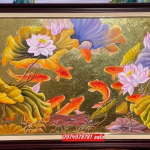 tranh cá chép hoa sen vàng đẹp sang trong HS132