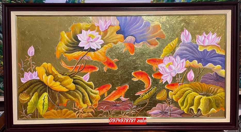 tranh cá chép hoa sen vàng đẹp sang trong HS132